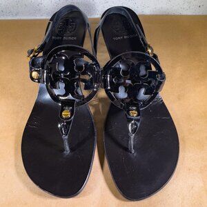 TORY BURCH Black Patent Leather Miller Kitten Heels Logo Sandals - Size 7
